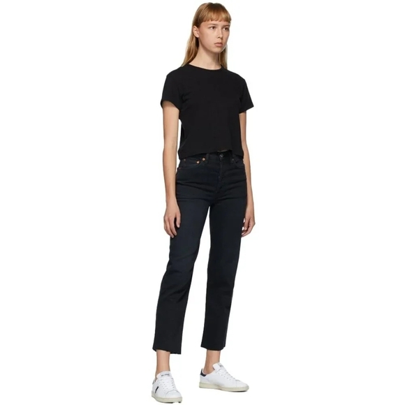 RE/DONE Stove Pipe Cropped High-Rise Button Fly Raw Hem Black Jeans s24 - Picture 5 of 13